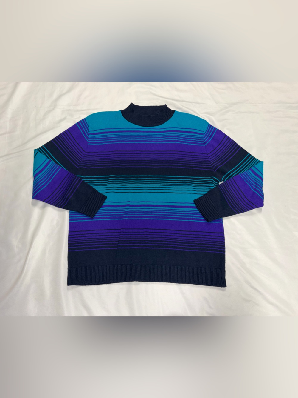Alfred Dunner Striped Crewneck Sweater in Teal, Purple & Navy. Lot B